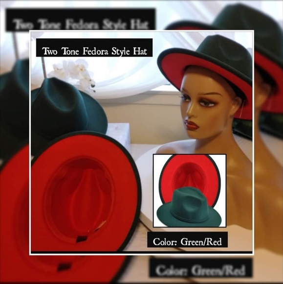Two Tone Fedora Hat - Hunter Green/Red - Picture 2 of 2